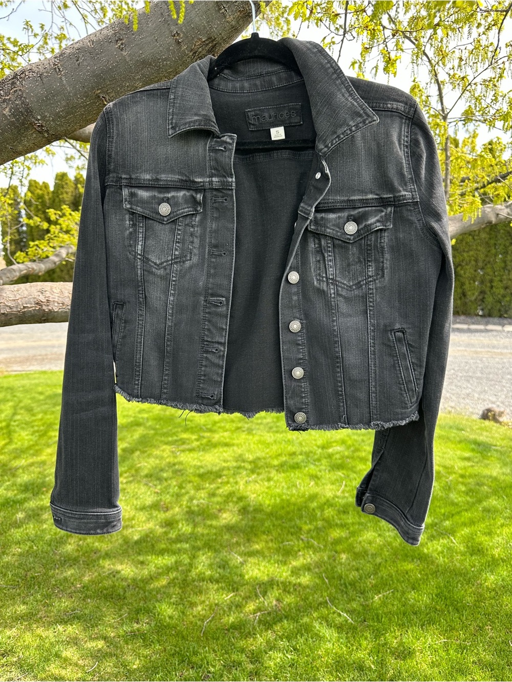 Maurices Black Cropped Denim Jacket with Raw Hem